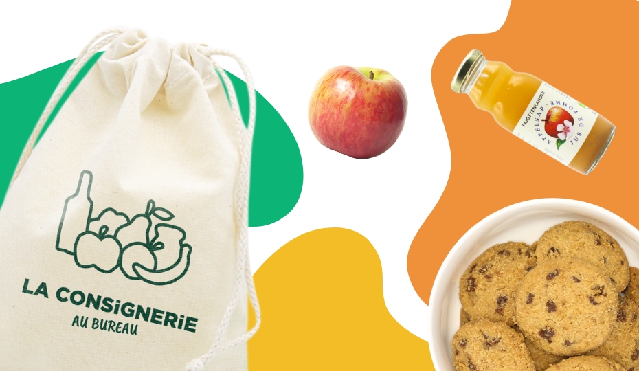 En-cas et boissons La Consignerie : sachet, pomme, jus et biscuits